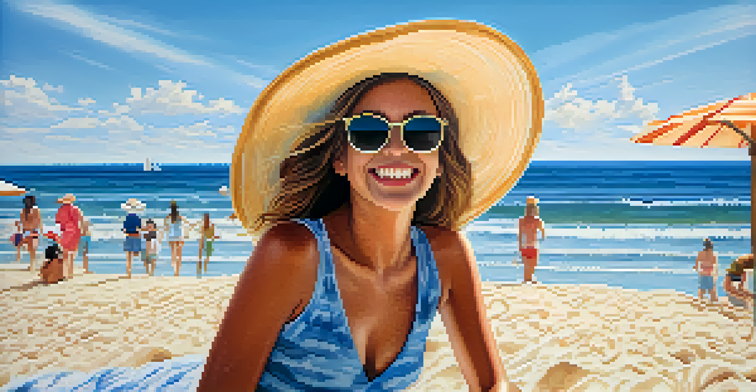 A person at the beach wearing UV-blocking sunglasses and a wide-brimmed hat, enjoying the sun with the ocean and blue sky in the background.