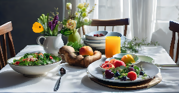 A beautifully set dining table with healthy dishes, flowers, and candlelight, promoting a mindful eating environment.