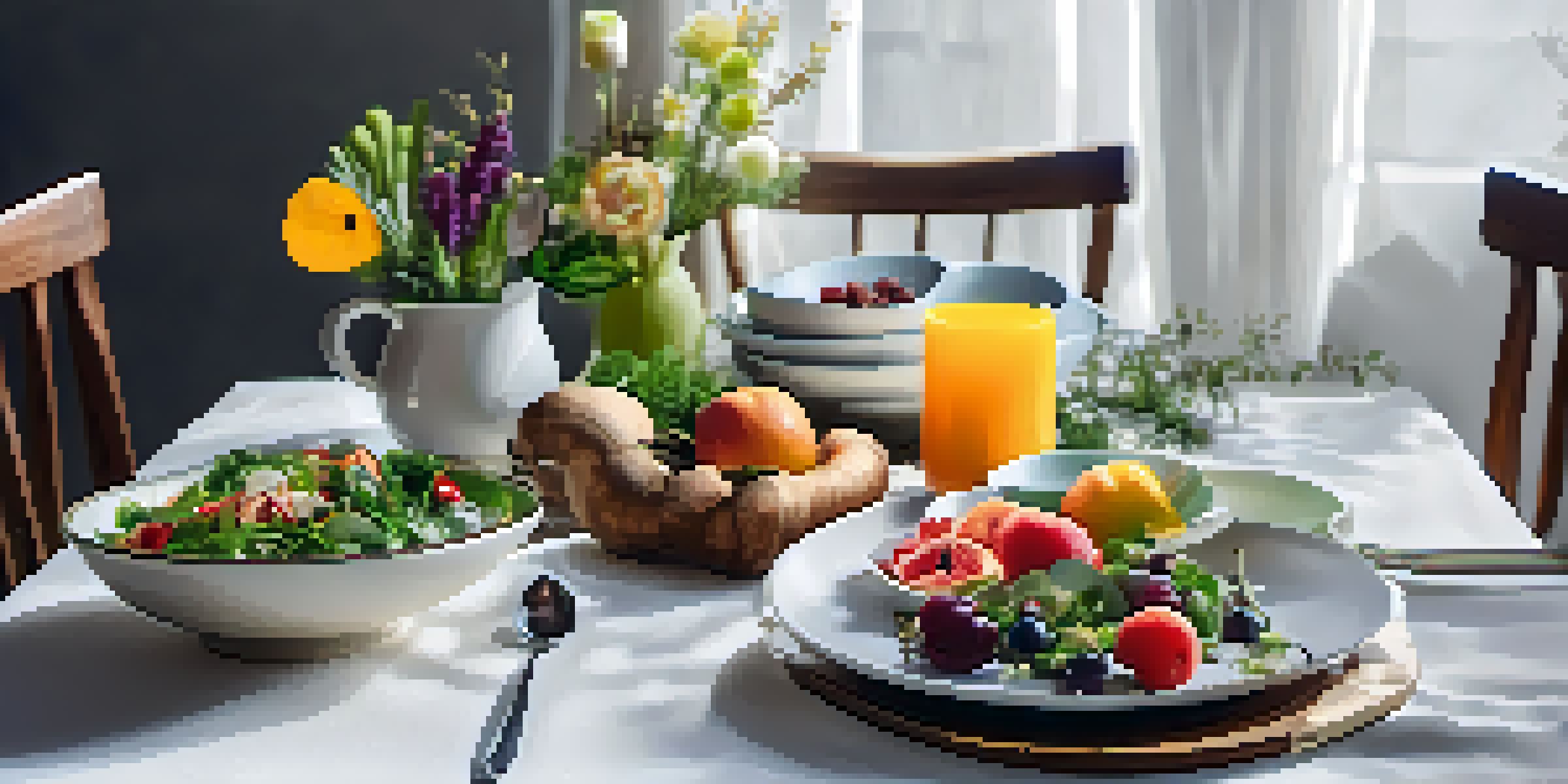 A beautifully set dining table with healthy dishes, flowers, and candlelight, promoting a mindful eating environment.