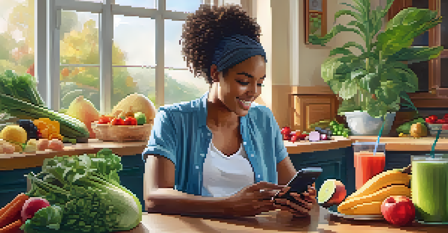 A person tracking their fitness progress on a smartphone at a dining table with healthy foods in a cozy kitchen.