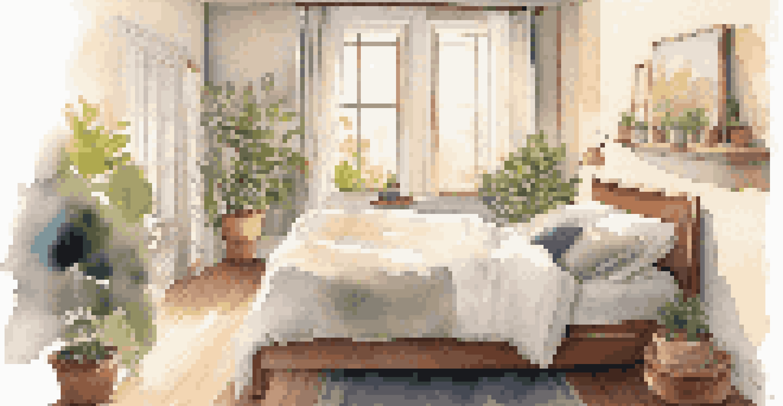 A peaceful bedroom scene with a neatly made bed, calming decor, and warm morning light, promoting a restful sleep environment.