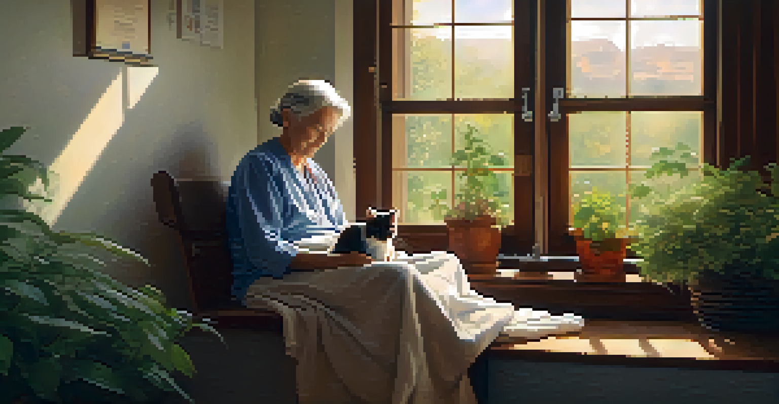 An elderly patient peacefully stroking a fluffy cat in a cozy hospital corner, surrounded by warm lighting and a tranquil view.