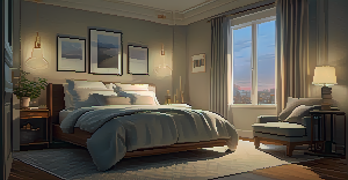 A cozy bedroom with a neatly made bed, warm lighting from a bedside lamp, and a view of a starry night sky through sheer curtains.