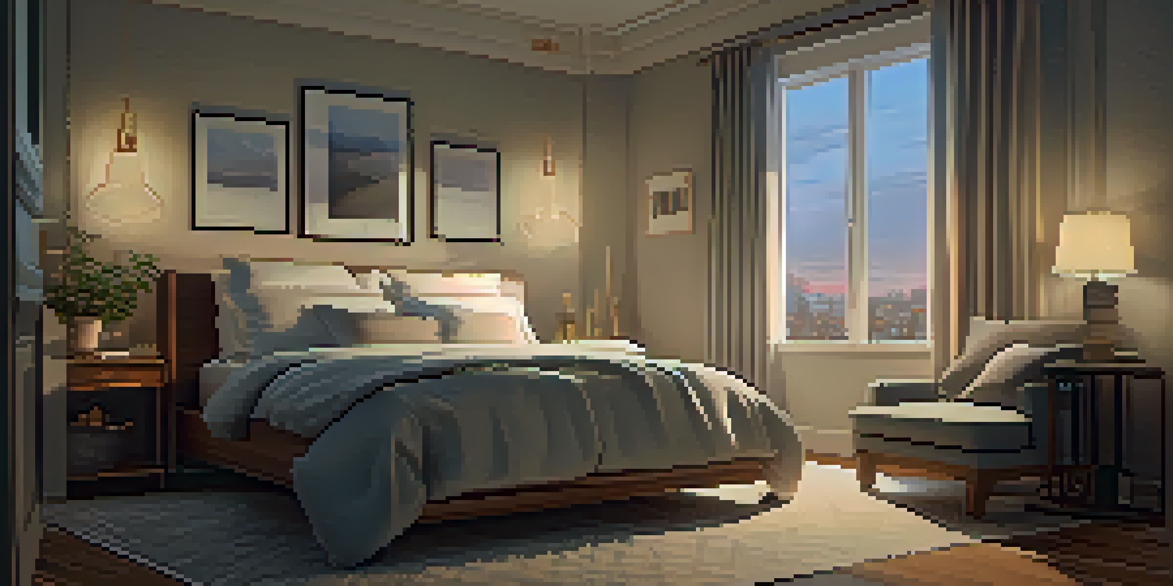 A cozy bedroom with a neatly made bed, warm lighting from a bedside lamp, and a view of a starry night sky through sheer curtains.