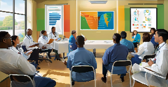 A diverse group of healthcare professionals in a training session, discussing cultural competence with charts on the walls.