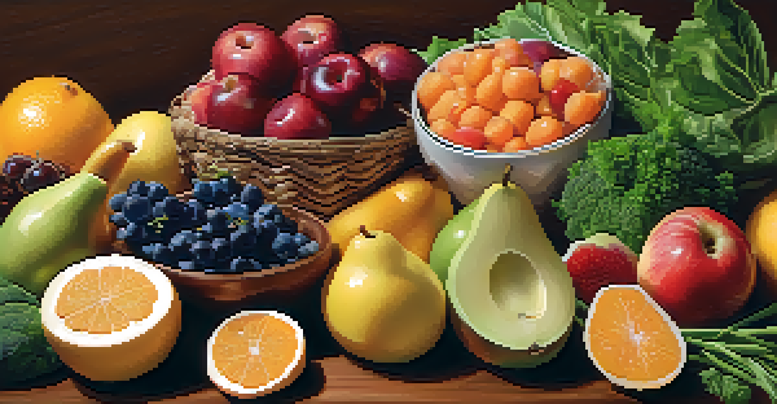 A close-up image of colorful, nutritious foods like fruits and vegetables on a wooden table, showcasing their textures and colors in warm light.