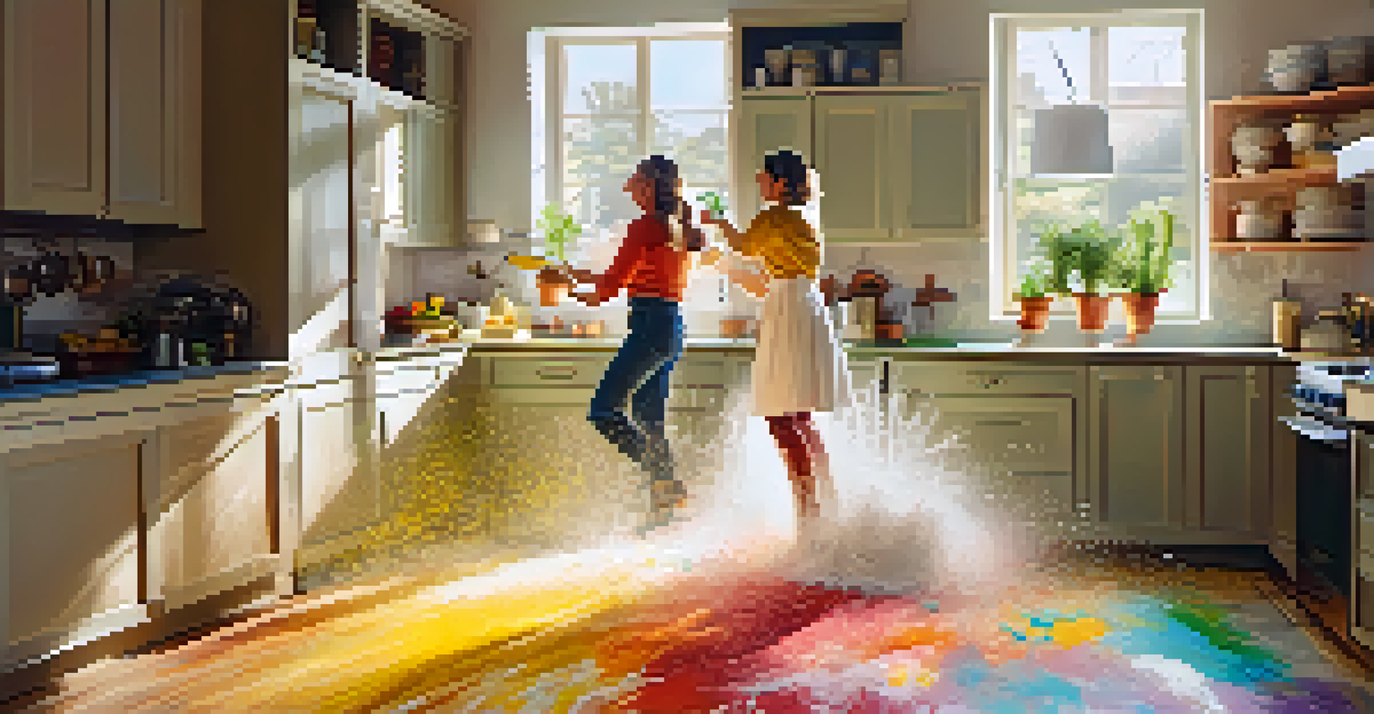 A couple cooking in the kitchen, playfully throwing flour at each other and laughing.