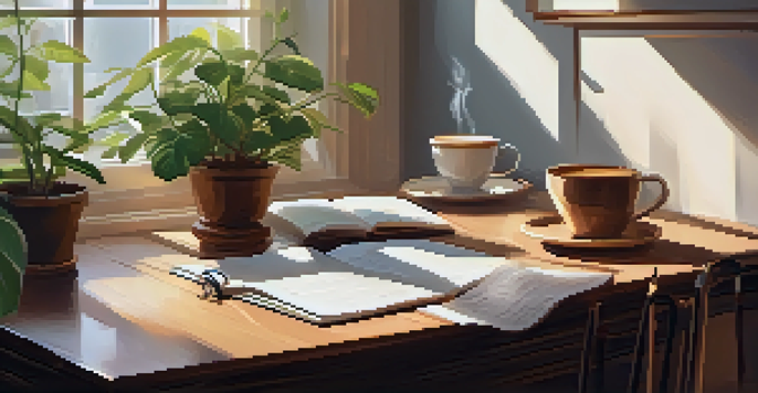 A cozy workspace featuring a wooden desk with a gratitude journal, a cup of tea, and plants, illuminated by soft natural light.