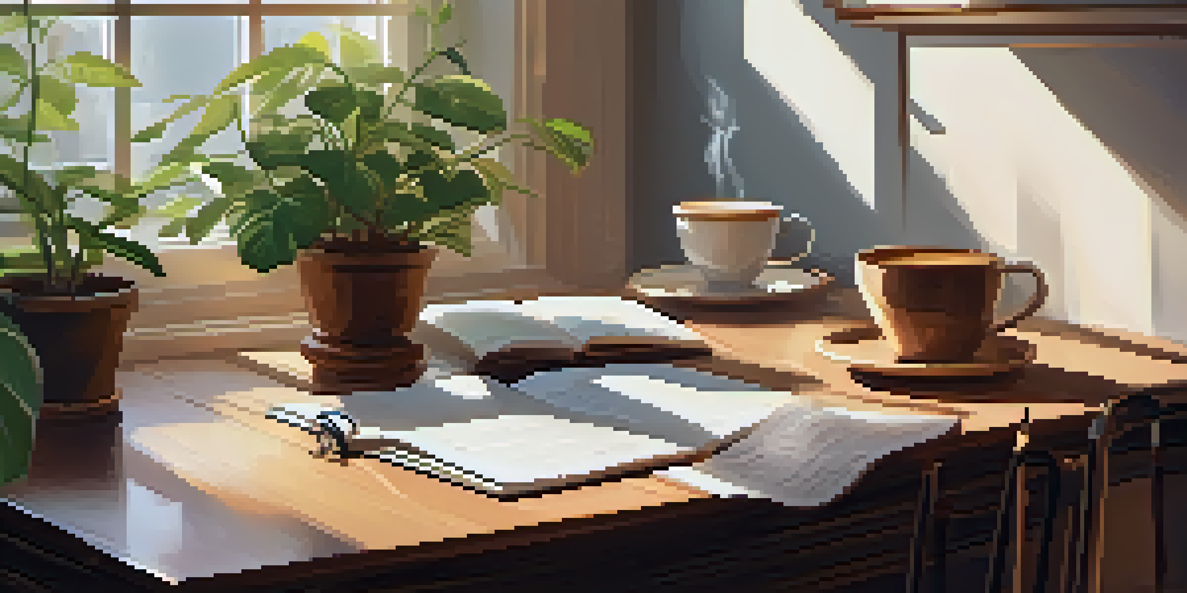 A cozy workspace featuring a wooden desk with a gratitude journal, a cup of tea, and plants, illuminated by soft natural light.