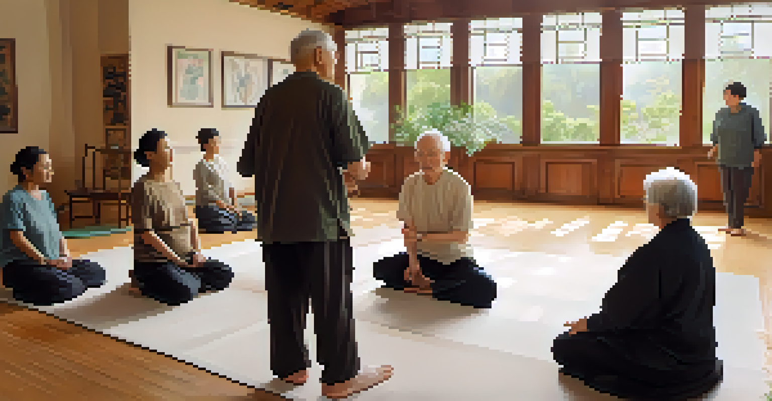 An instructor leading a small group in a Tai Chi session in a peaceful indoor setting.
