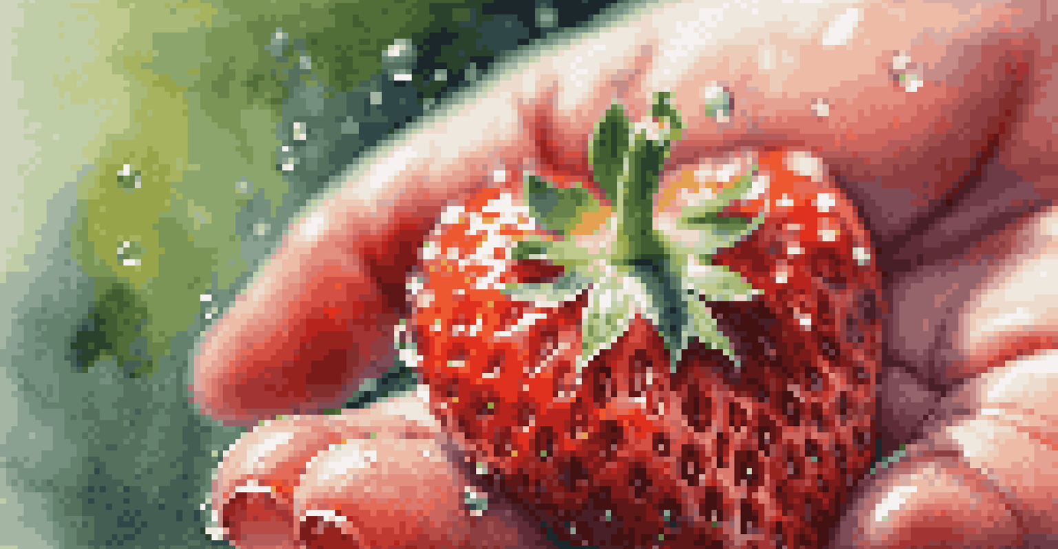 A close-up of a hand holding a fresh, glistening strawberry against a softly blurred background.