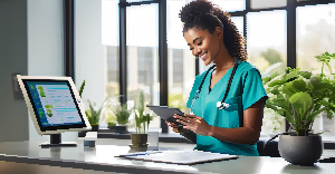 A healthcare professional using a mobile health app on a tablet in a bright office setting.