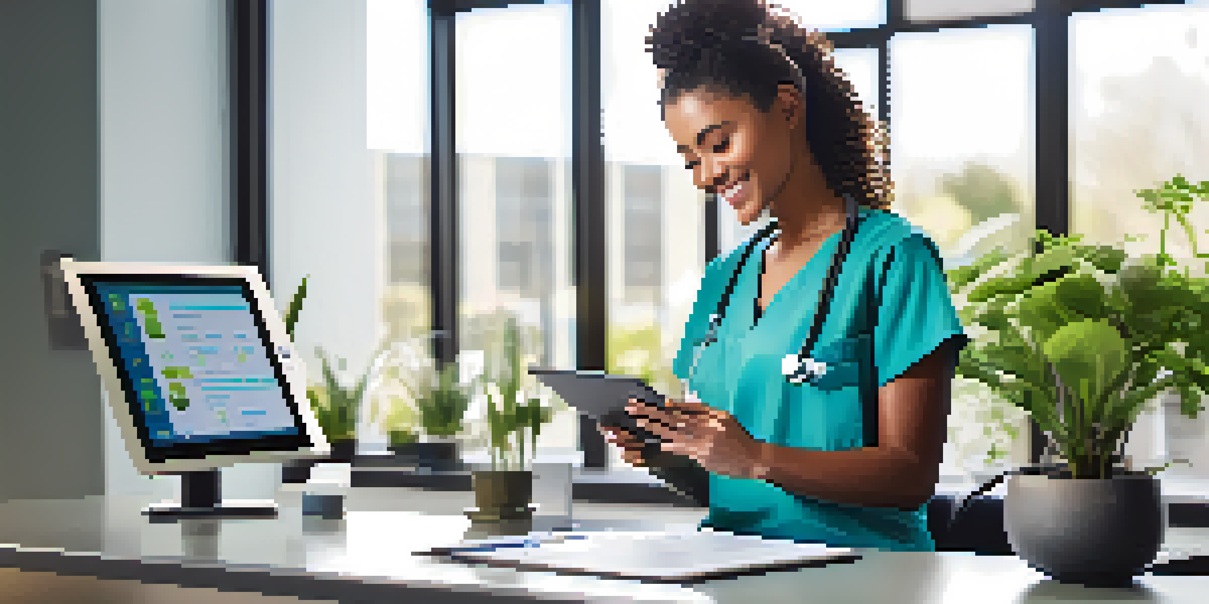 A healthcare professional using a mobile health app on a tablet in a bright office setting.