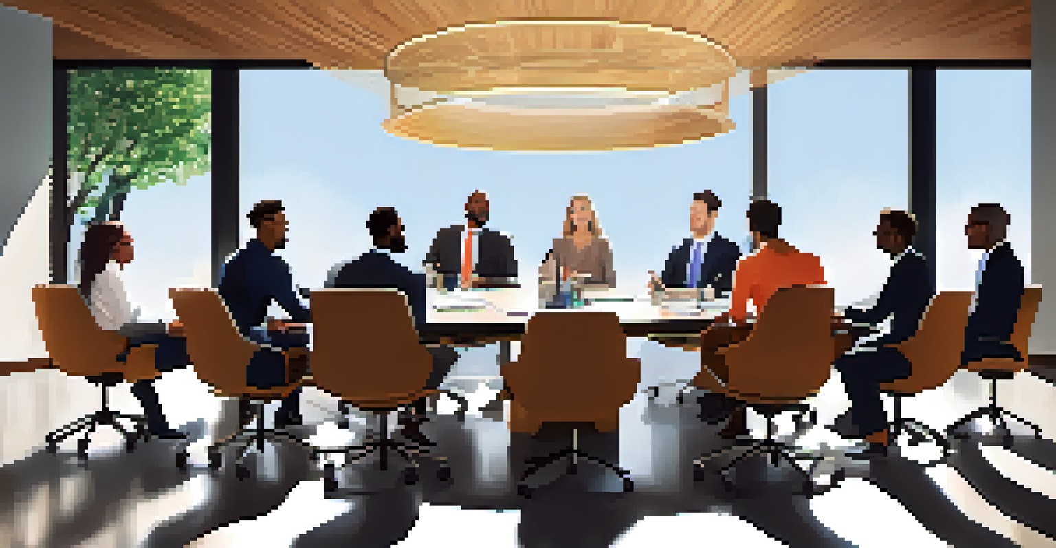 A diverse team collaborating around a conference table in a bright room, sharing ideas and engaging in discussion.