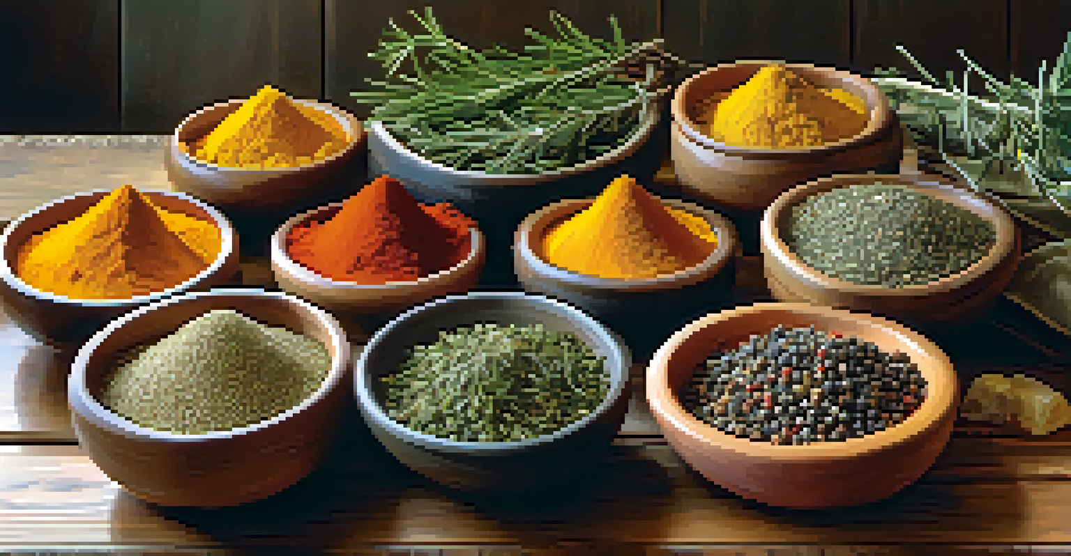 A close-up view of herbs and spices like rosemary and turmeric on a wooden table, illuminated by dappled sunlight.