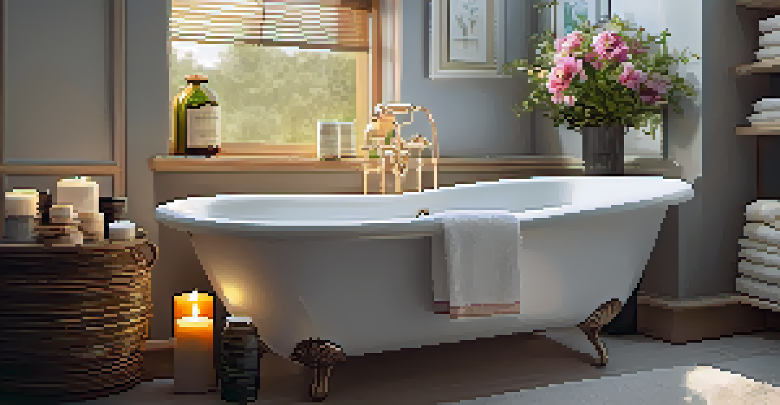 A relaxing bathroom scene with a bath filled with essential oils and candles.