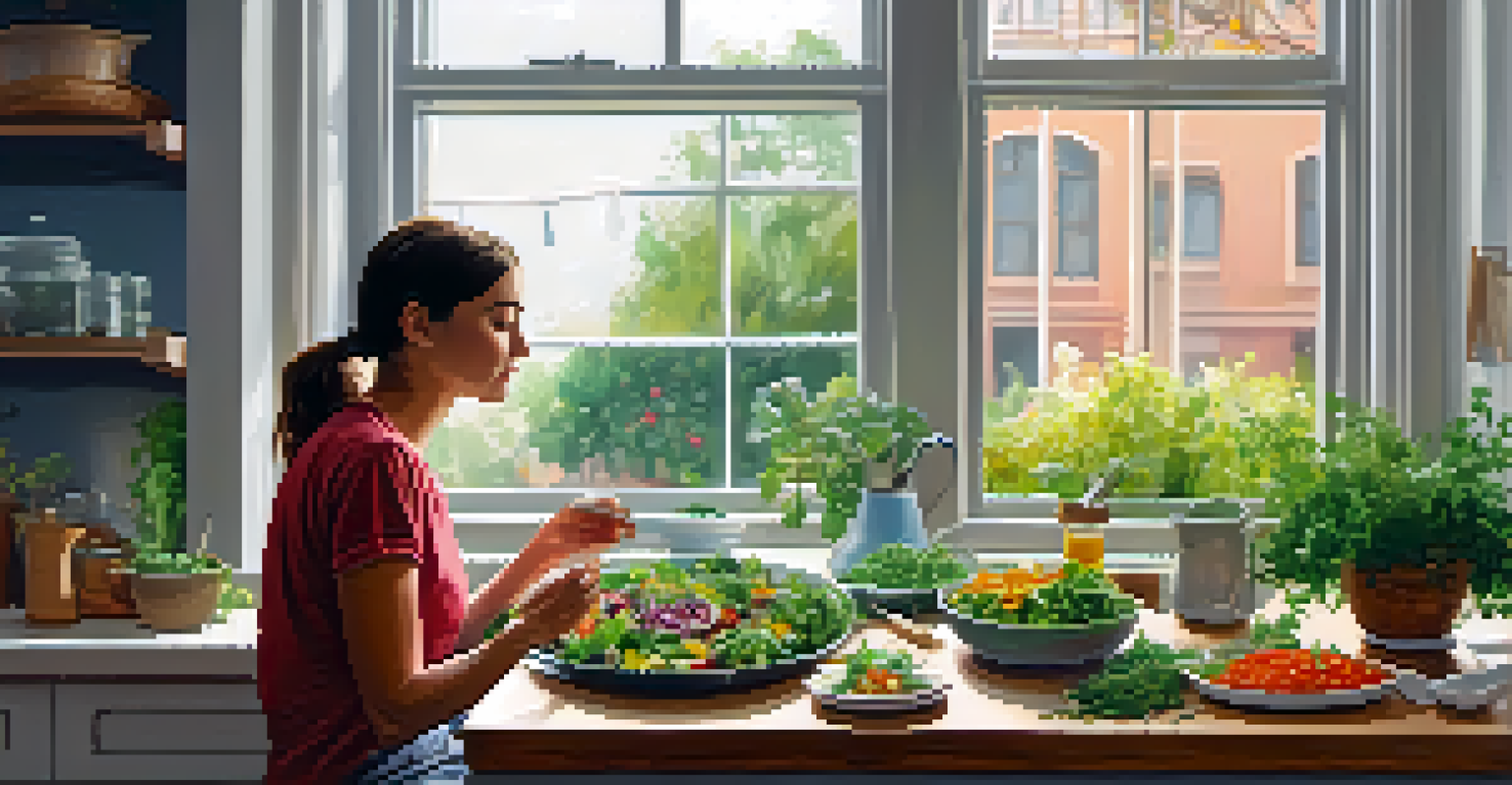 A person savoring a colorful salad at a kitchen table, surrounded by fresh herbs and sunlight streaming through the window.