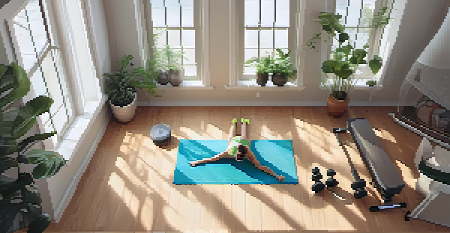 An organized home workout space with yoga mats, dumbbells, and plants, illuminated by natural light.