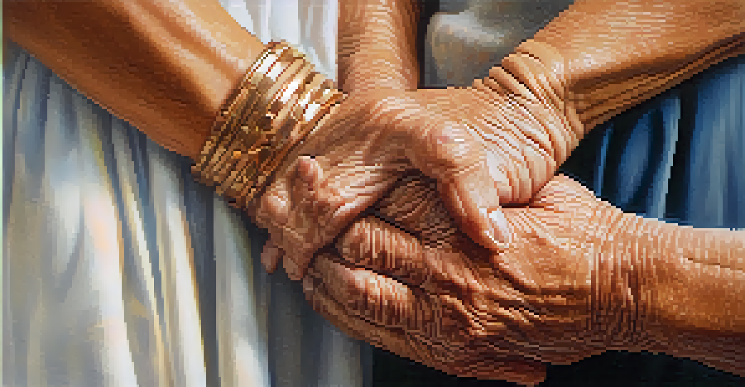 Close-up of older adults' hands holding each other, symbolizing support and friendship.