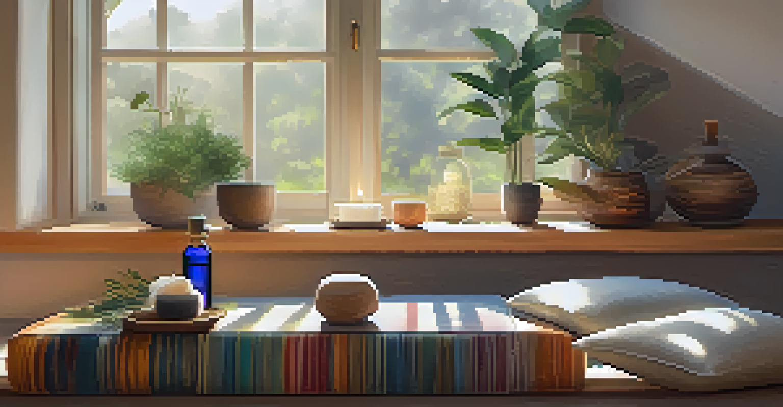 A peaceful meditation space with cushions and a yoga mat, featuring essential oils on a shelf, illuminated by soft sunlight.