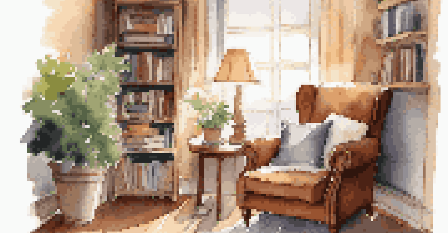 A cozy reading nook with a plush armchair, warm blanket, stack of books, and a lamp casting a warm glow.