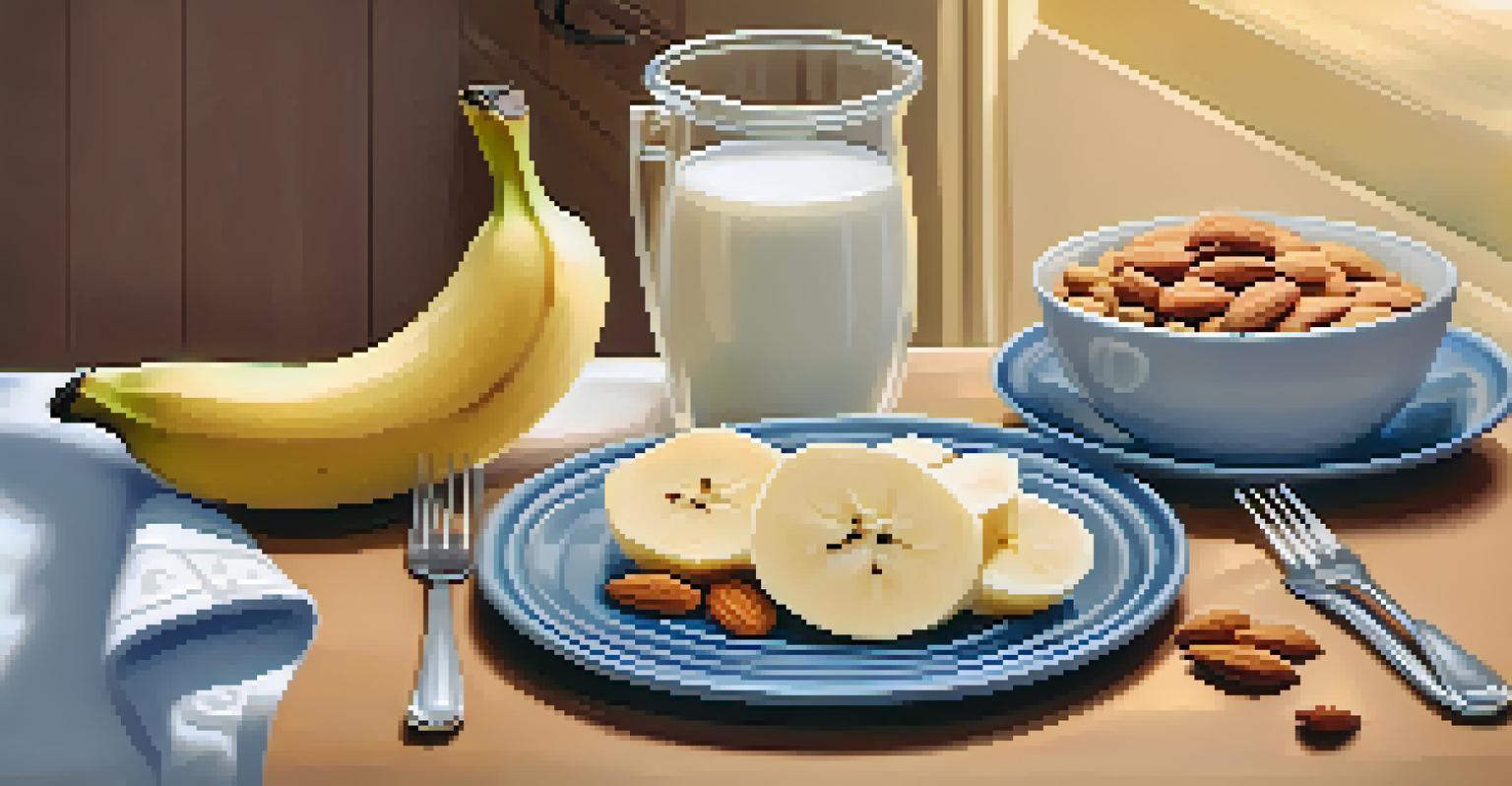 A plate of healthy bedtime snacks including warm milk, almonds, and banana slices, set in a softly lit kitchen.