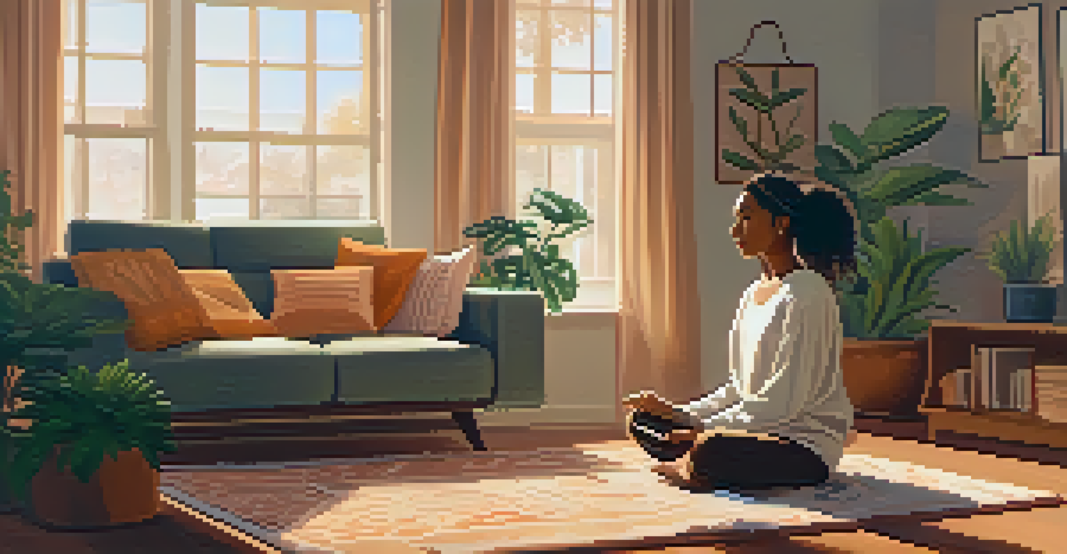 A person meditating in a warm and cozy living room filled with plants and soft lighting, illustrating self-care.