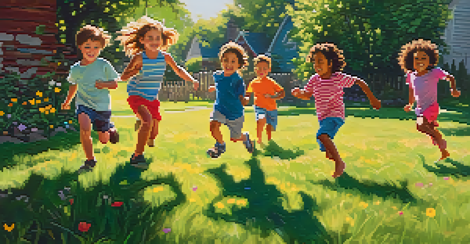 A group of diverse children playing tag in a sunny backyard filled with green grass and colorful flowers.