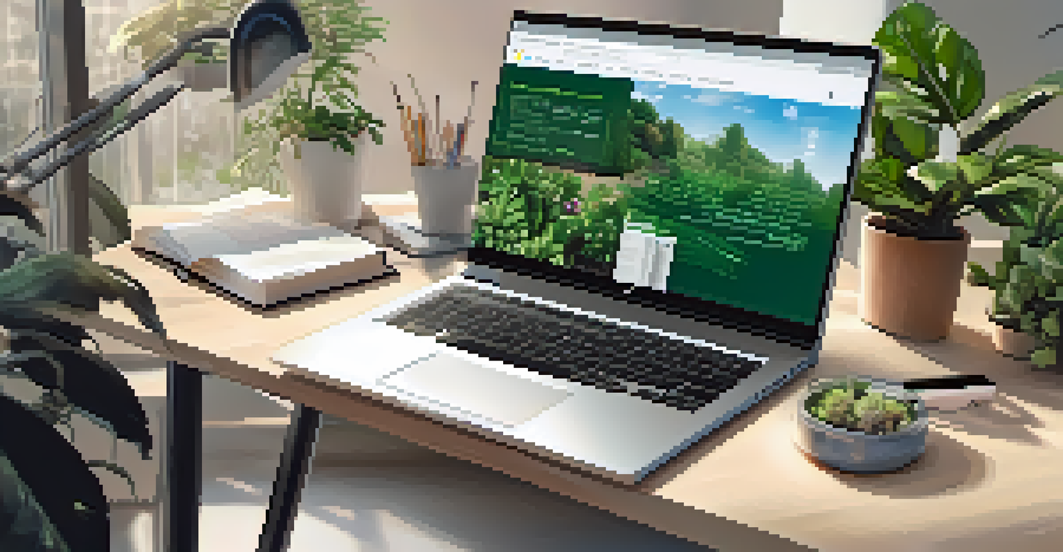 A young adult researching health information on a laptop in a clean, modern workspace with plants and books around.