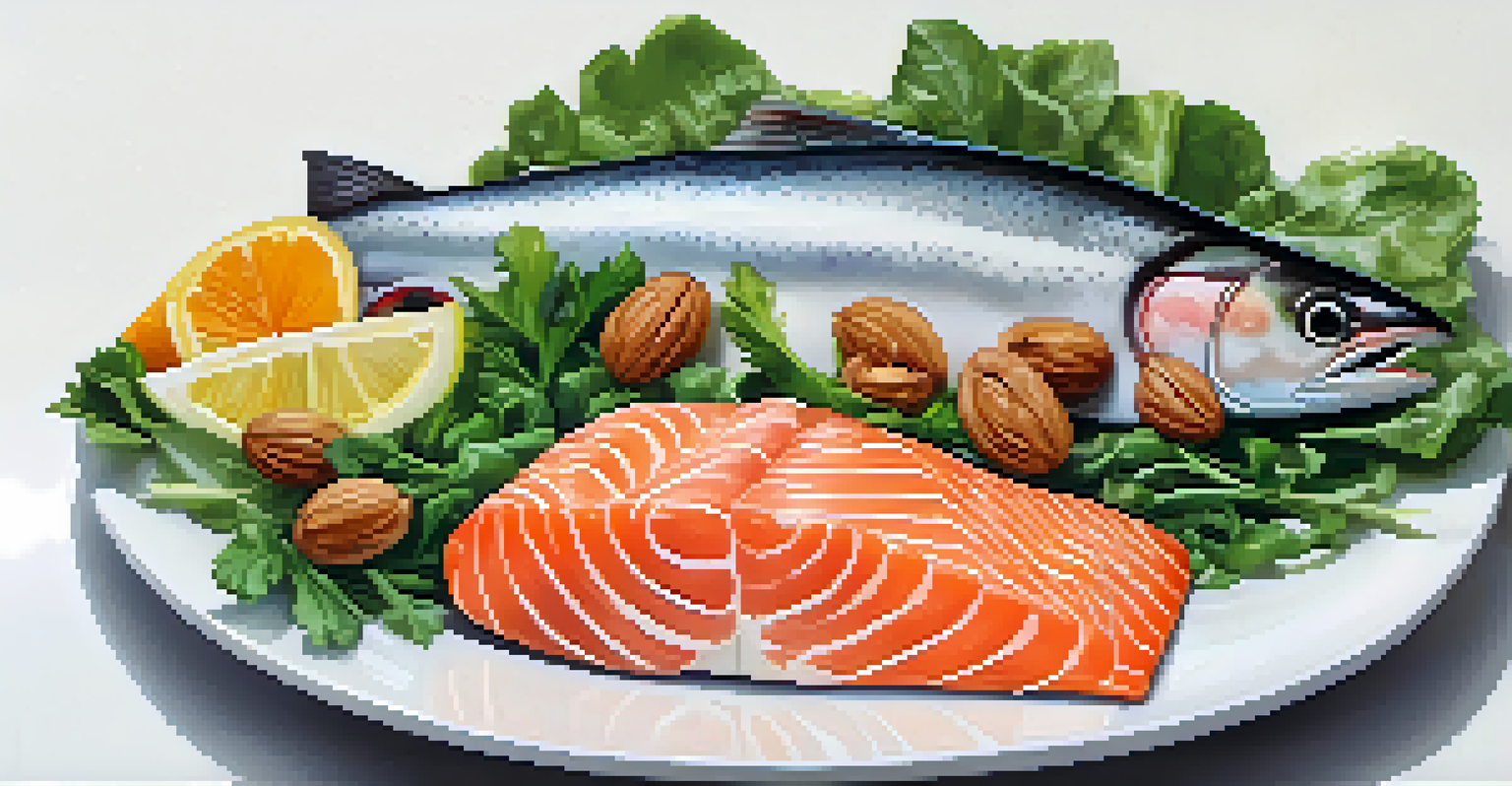 A plate displaying fatty fish, walnuts, and leafy greens, showcasing a variety of healthy foods.