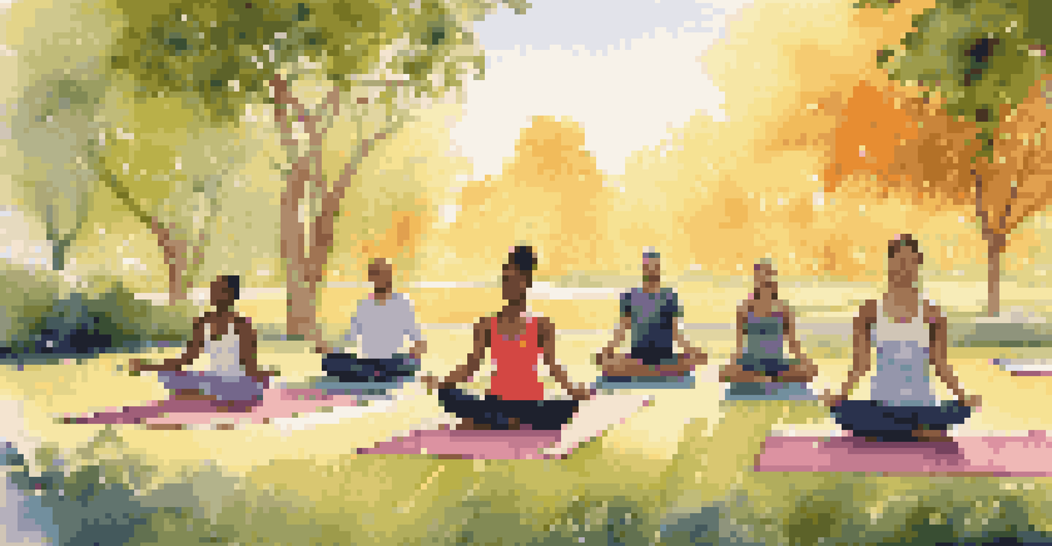 Friends practicing yoga outdoors at sunrise, surrounded by nature.