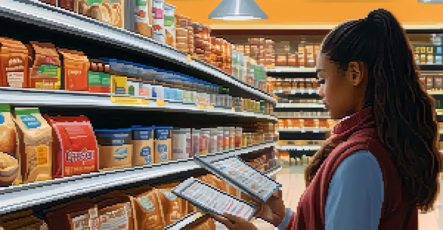 A close-up of a person reading food labels in a grocery store, emphasizing the importance of checking ingredients for food allergies.