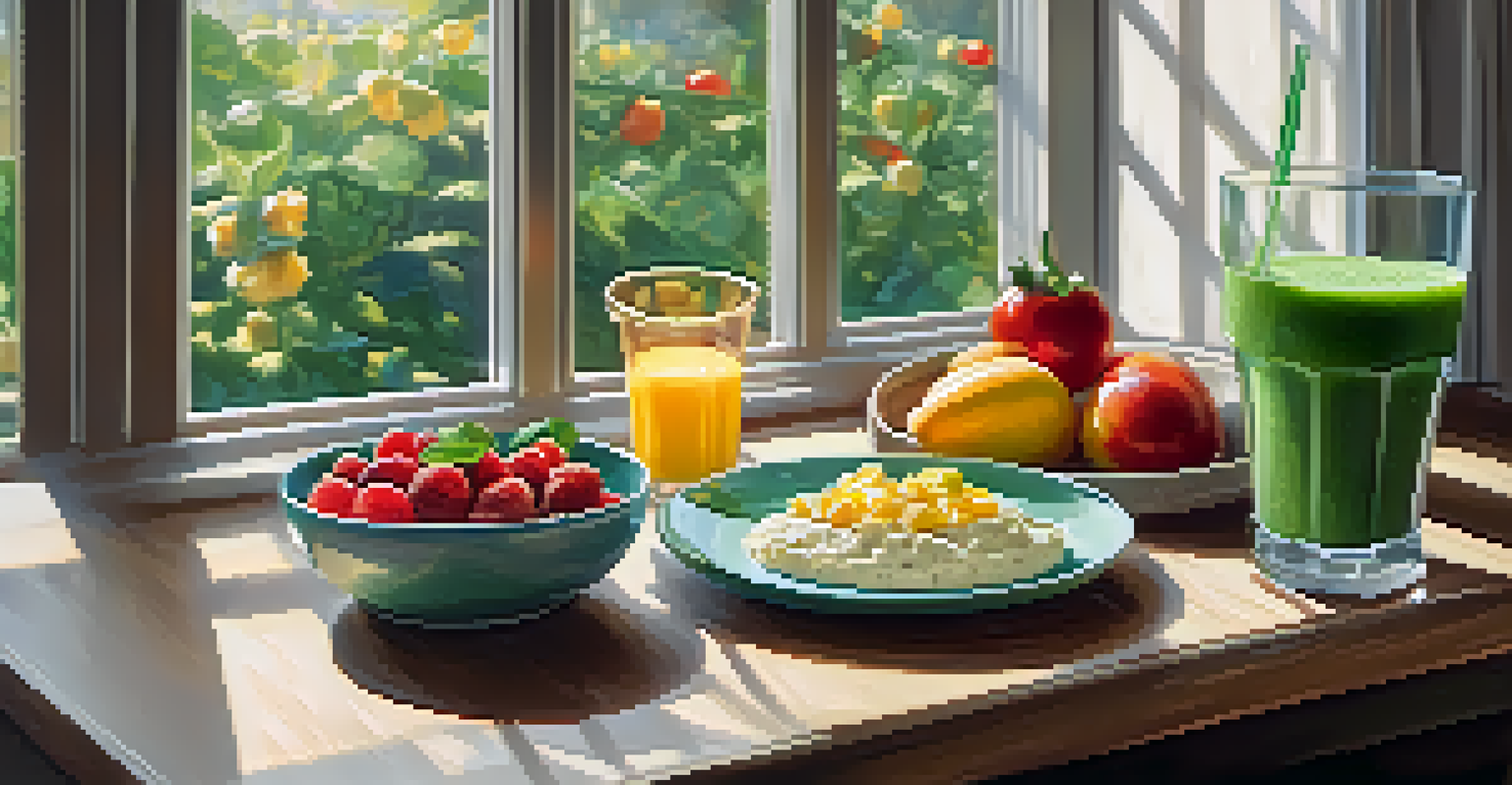 A breakfast spread on a table with healthy options like overnight oats, smoothies, scrambled eggs, and toast.