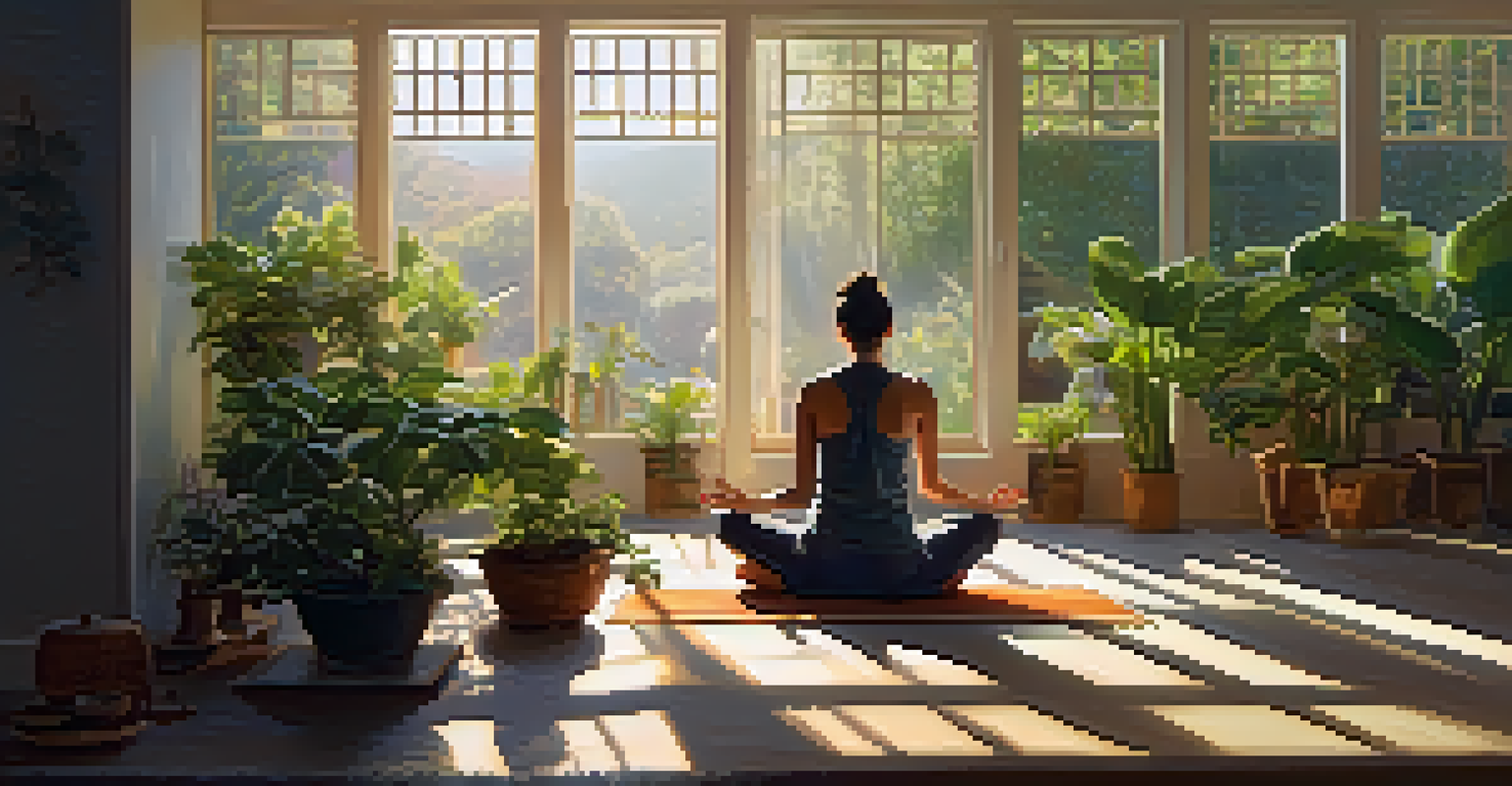 A person meditating in a sunlit room filled with plants, representing mindfulness and its benefits for brain health.