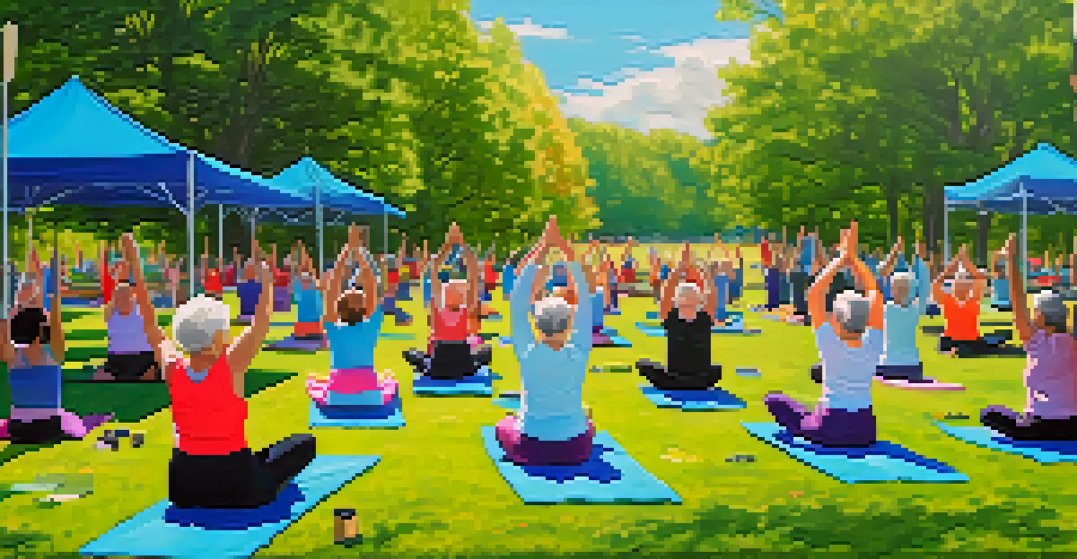 Seniors participating in a group exercise class in a park, stretching and practicing yoga on colorful mats.