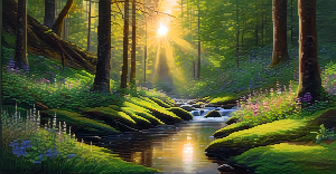 A peaceful forest with sunlight filtering through the trees, a person meditating on moss, and a stream flowing nearby.