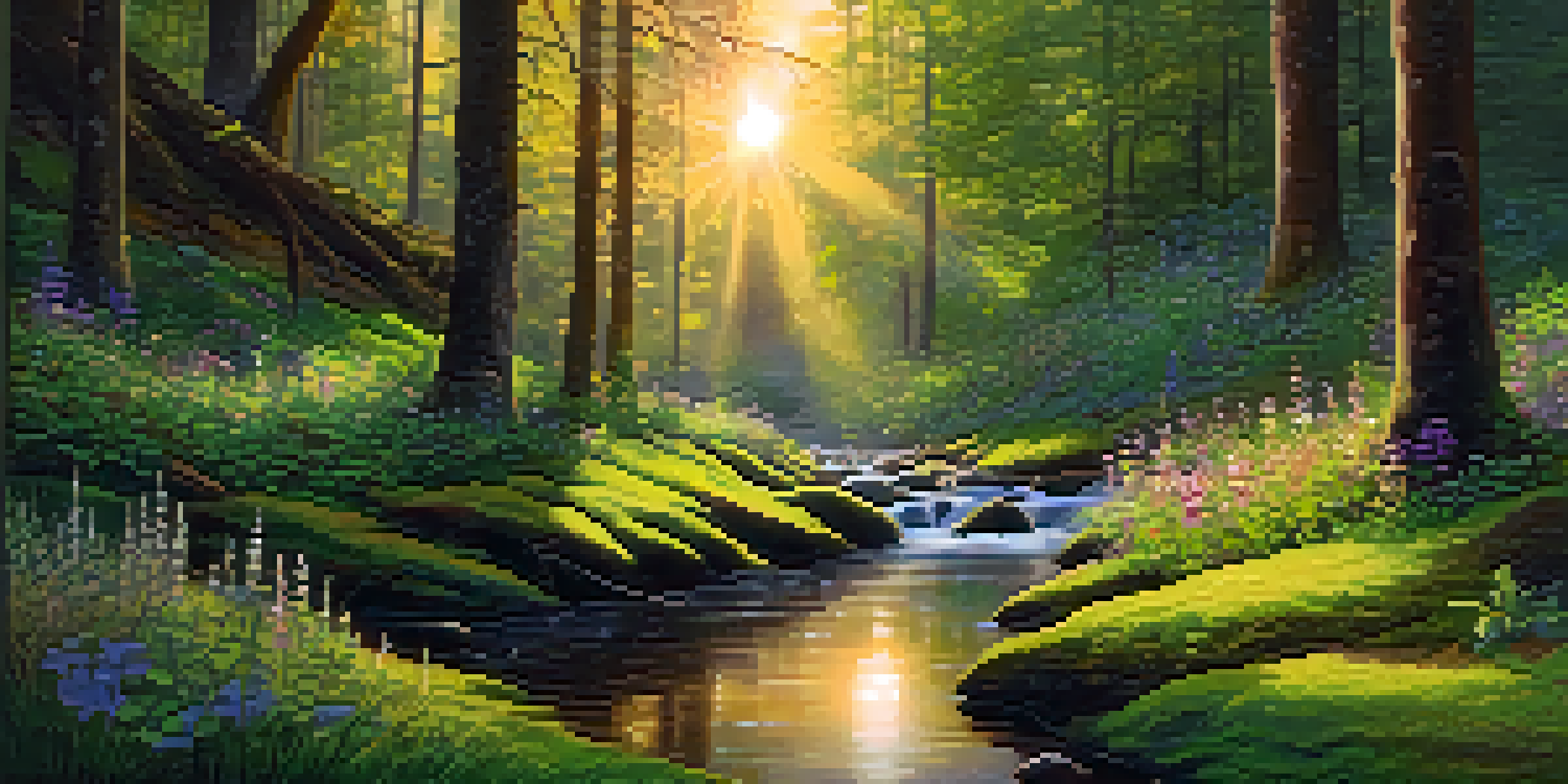 A peaceful forest with sunlight filtering through the trees, a person meditating on moss, and a stream flowing nearby.