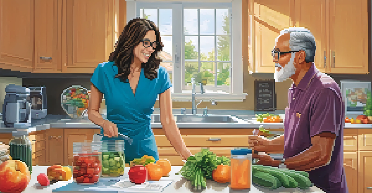 A registered dietitian helping a patient in a bright kitchen, surrounded by fresh produce and a colorful meal plan chart.