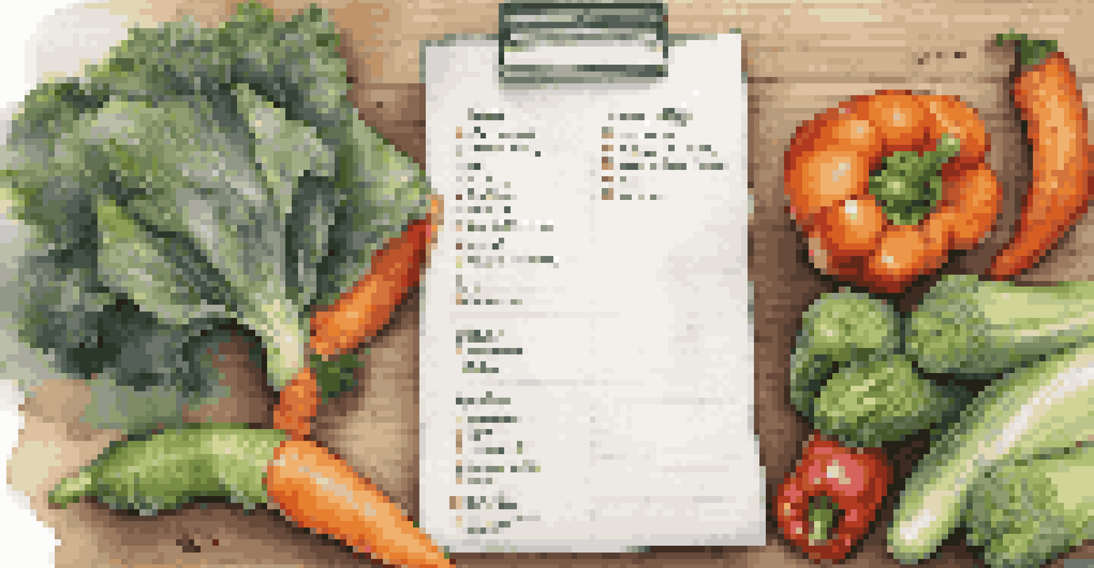 A handwritten grocery list surrounded by fresh organic vegetables on a kitchen countertop.