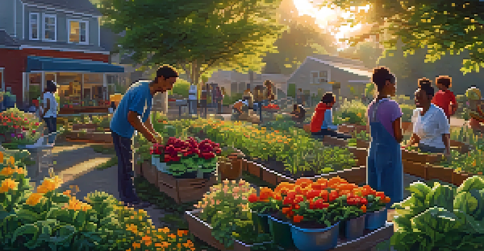 A community garden at dawn with diverse individuals working together, surrounded by colorful flowers and vegetables, under a warm golden light.