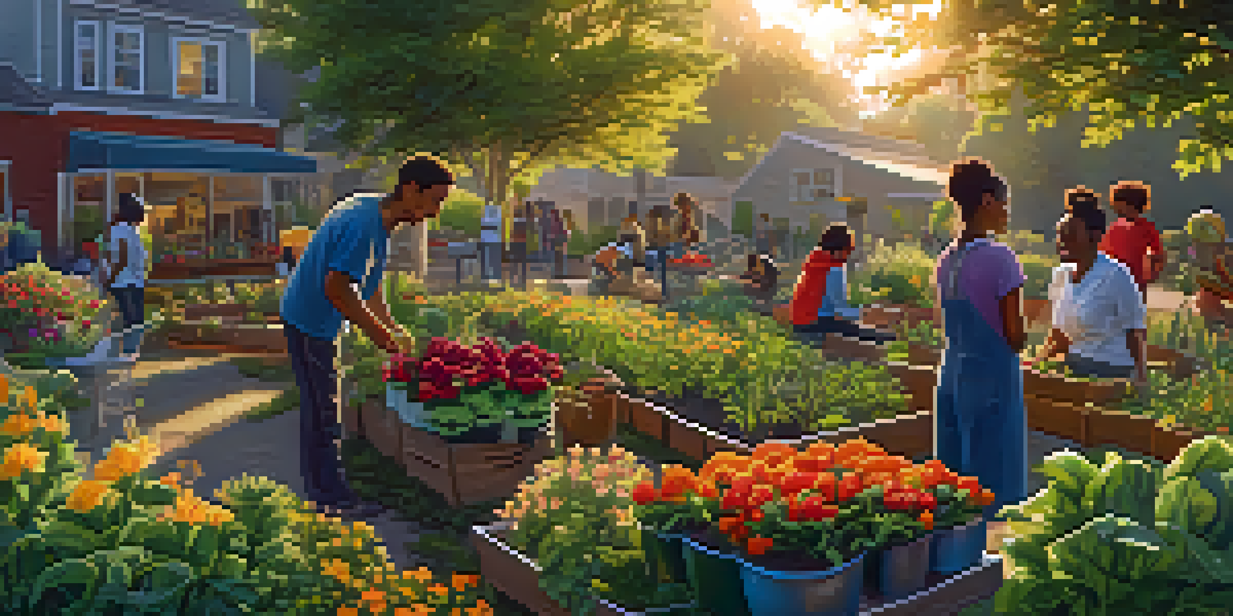 A community garden at dawn with diverse individuals working together, surrounded by colorful flowers and vegetables, under a warm golden light.