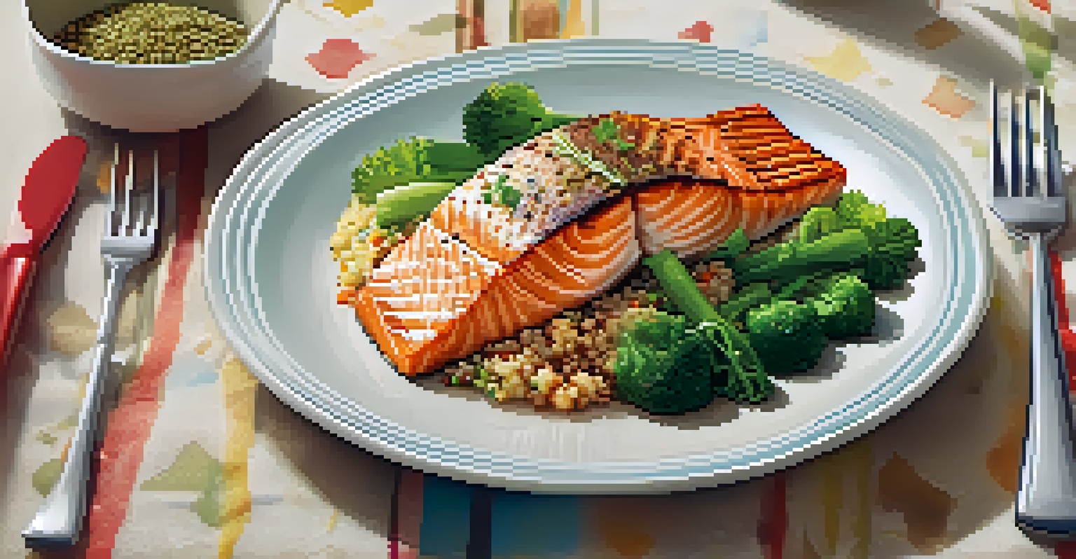 A beautifully presented meal with grilled salmon, steamed vegetables, and quinoa, showcasing healthy eating.