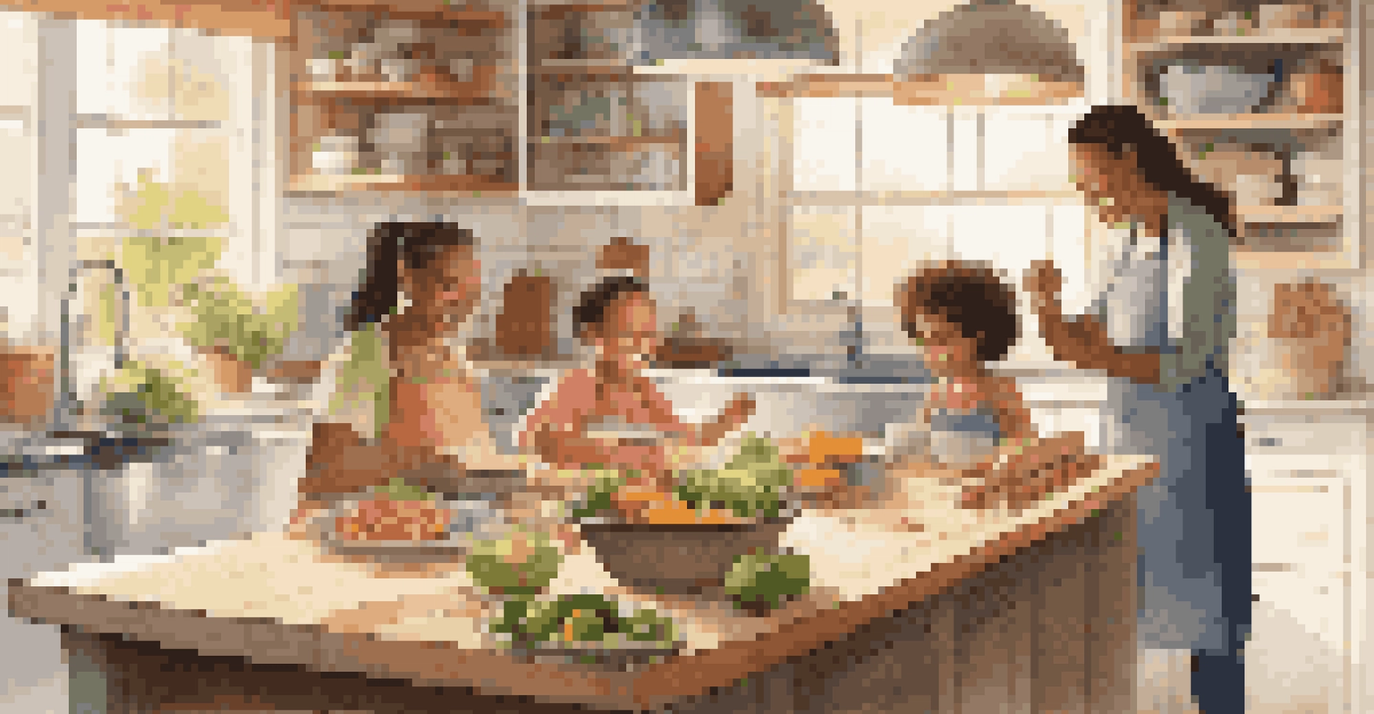 A family of diverse backgrounds happily cooking together in a bright kitchen filled with fresh ingredients.
