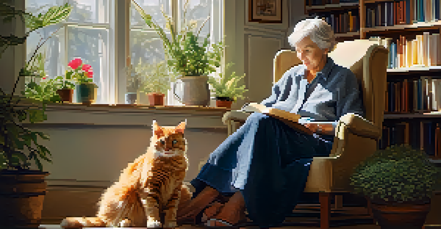 An elderly woman lovingly petting a fluffy cat in a cozy room filled with books and sunlight.
