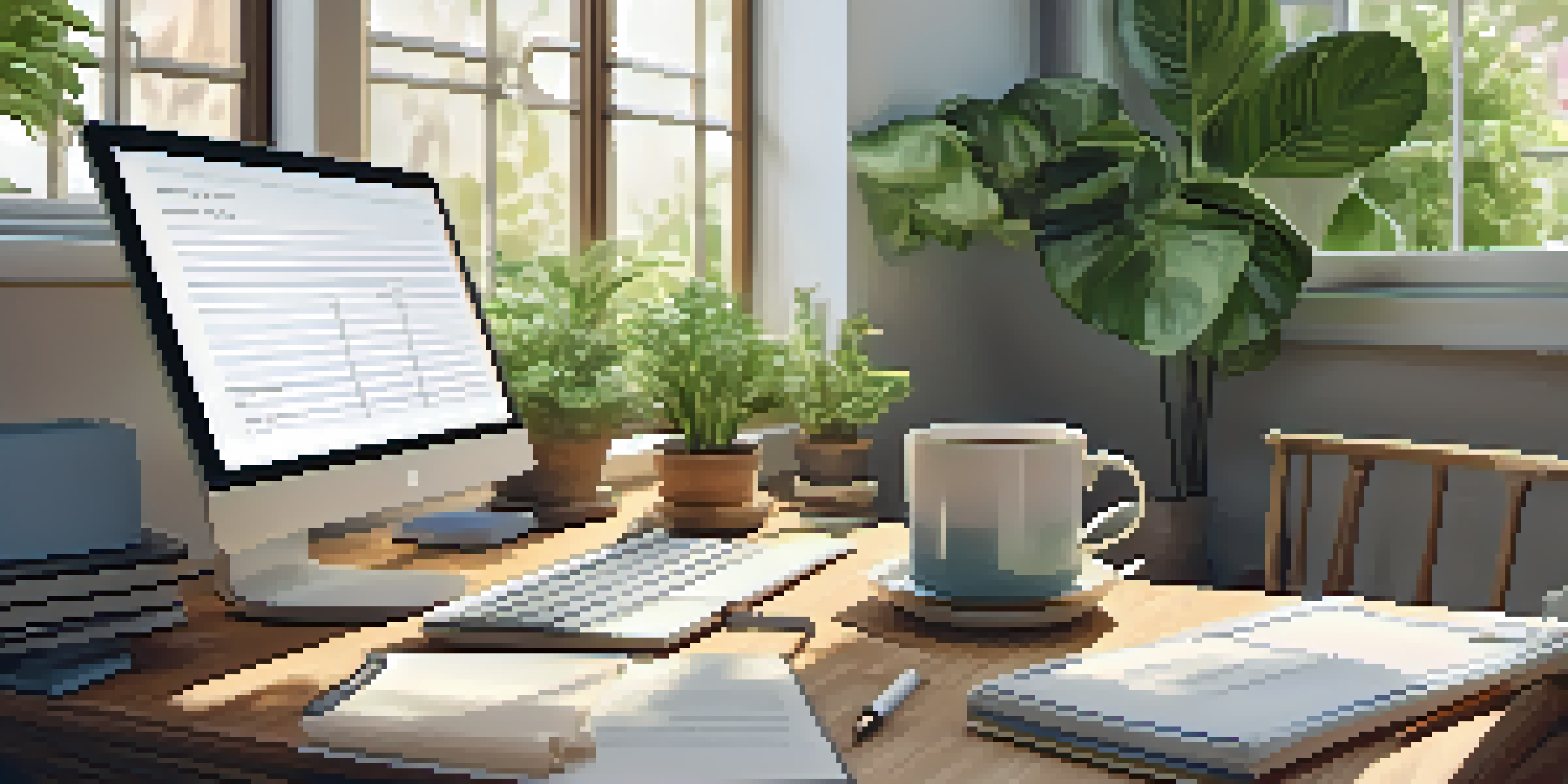 A cozy home office with a wooden desk, laptop, notepad, and plants, illuminated by soft natural light.