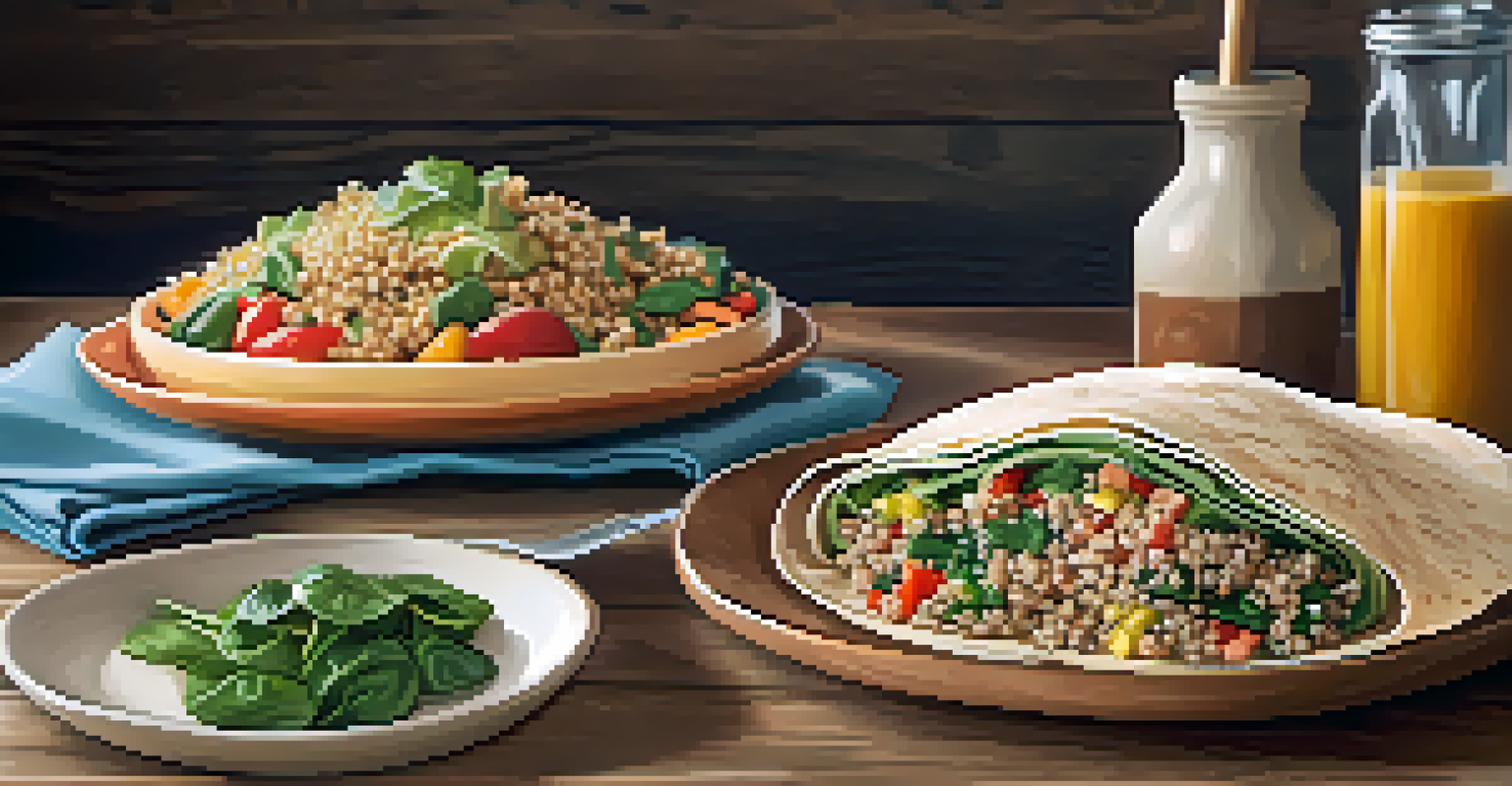 A lunch setup with quinoa salad and a turkey wrap on a wooden table, featuring fresh ingredients and bright lighting.