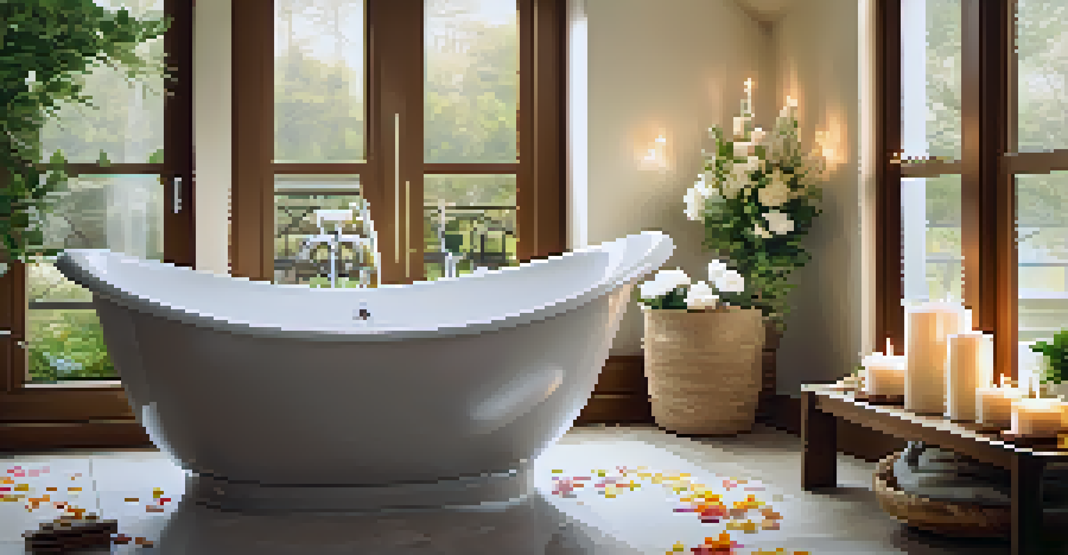 A relaxing bubble bath scene with candles and flower petals, creating a soothing atmosphere.