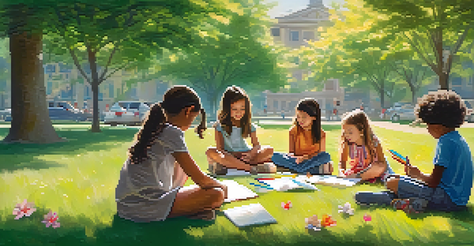 A group of diverse children working together on a problem-solving activity outdoors in a park, surrounded by nature.