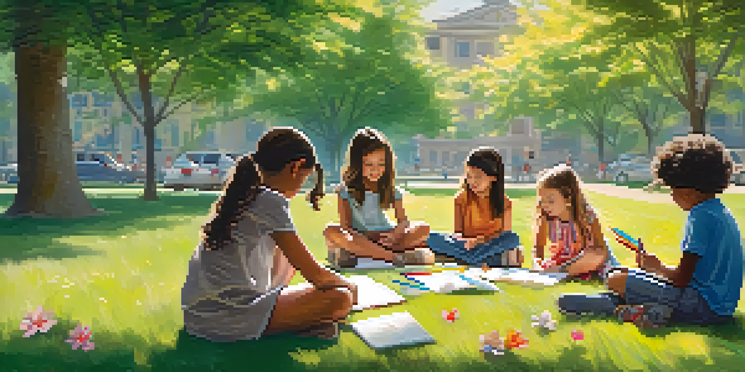 A group of diverse children working together on a problem-solving activity outdoors in a park, surrounded by nature.
