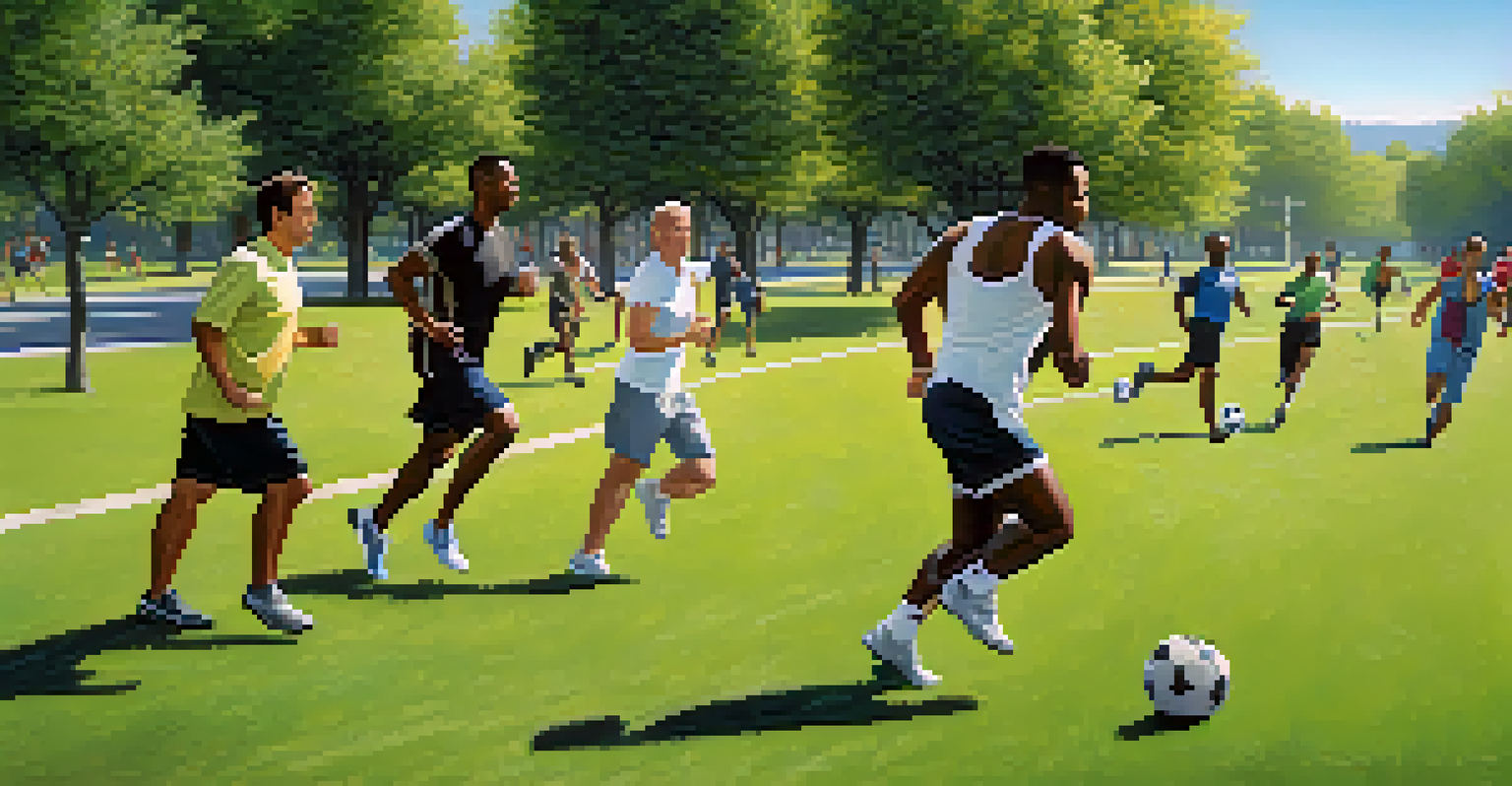 A diverse group of men participating in physical activities like jogging and cycling in a sunny park.